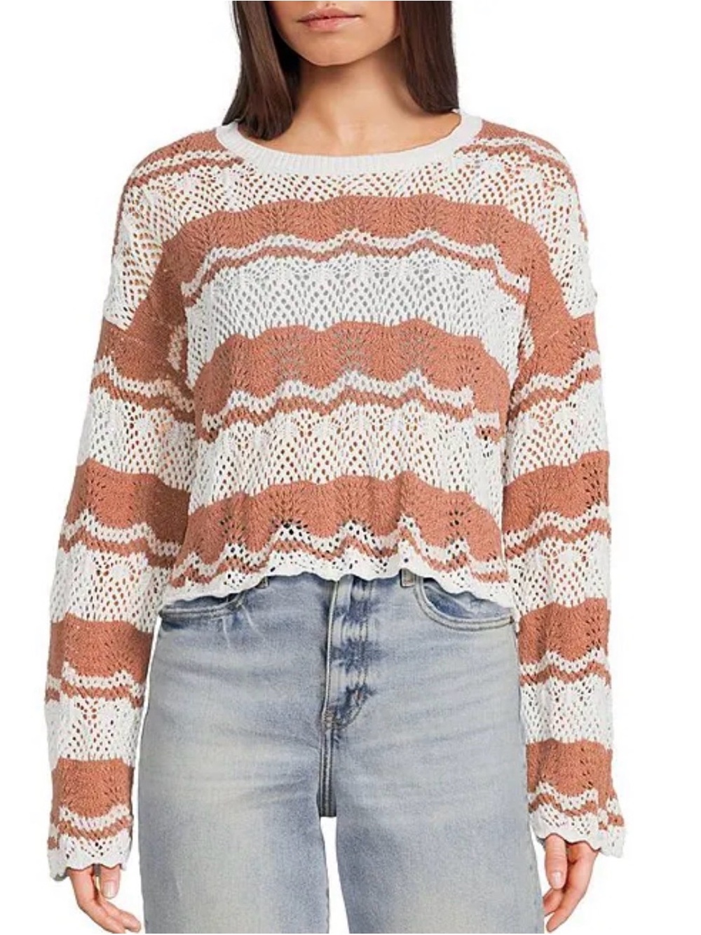 Originality Striped Scallop Edge Round Neck Long Sleeve Drop Shoulder Sweater